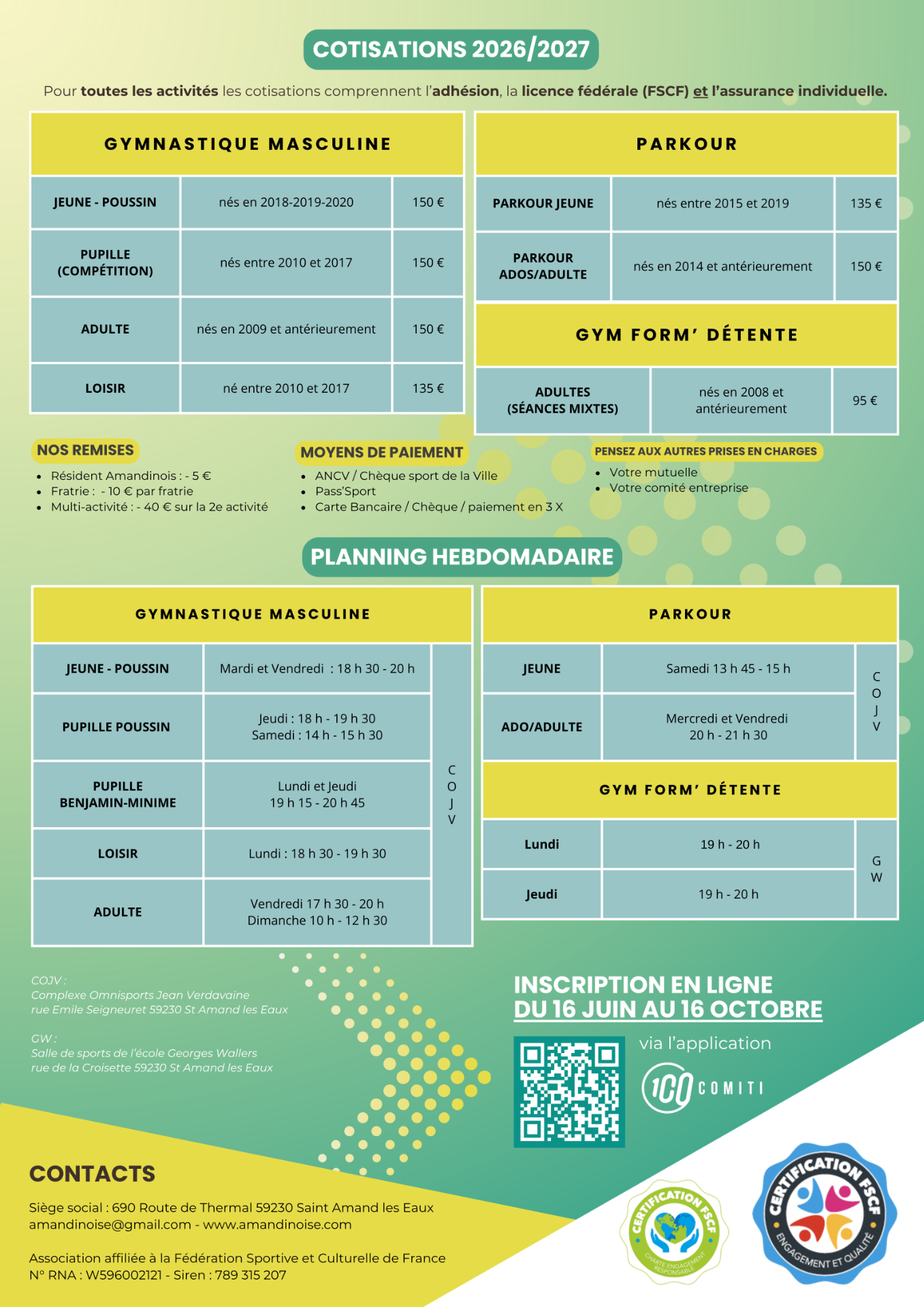 Affiche des cotisations 2026/2027, planning hebdomadaire, tarifs, moyens de paiement.
