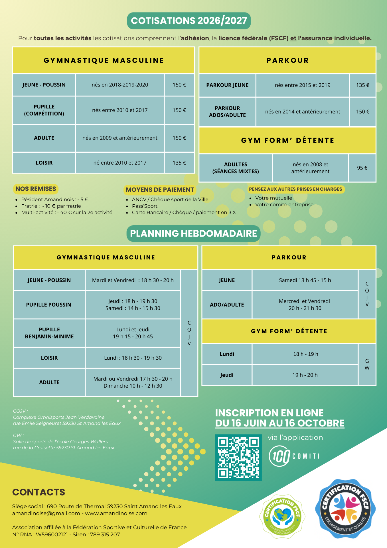 Affiche des cotisations 2026/2027, planning hebdomadaire, tarifs, moyens de paiement.